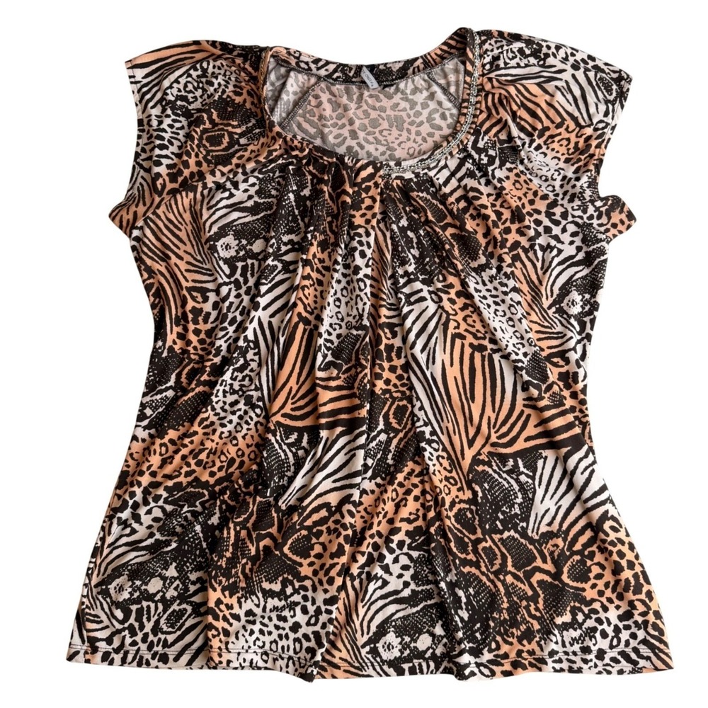Amanda Green Animal Print Top Chain Neck Mixed Media Leopard‎ Zebra Snakeskin L